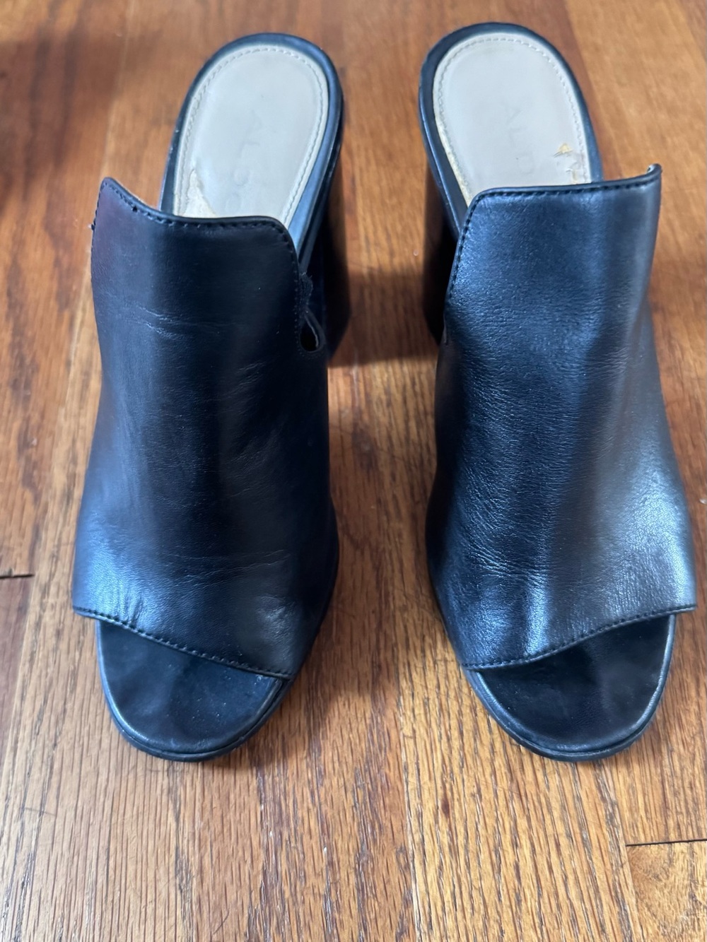 Black Leather Open-Toe Mule Heels